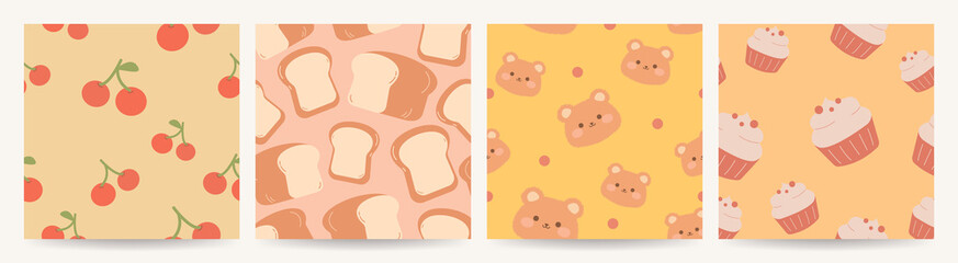 Set of cute pattern vector. Adorable teddy bears, red cherry, bread, cupcakes on background. Cute objects repeated in fabric pattern for prints, wallpaper, cover, papers, packaging