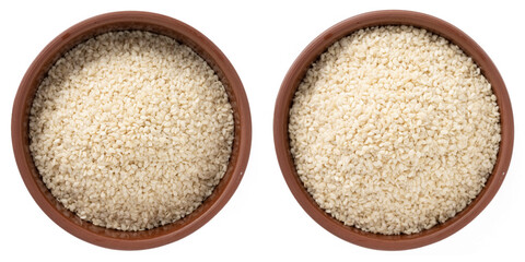 Raw quinoa in bowl isolated on white background, top view, Healthy diet product