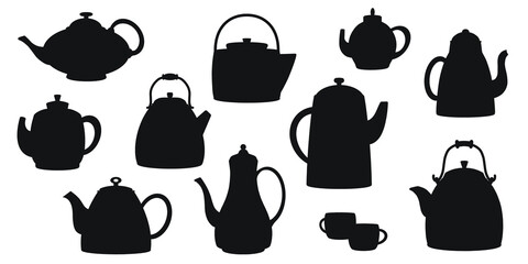 Teapots and kettles isolated Silhouettes premium vector template