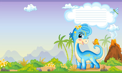 Cover for notebook with cute dinosaur blue diplodocus vector