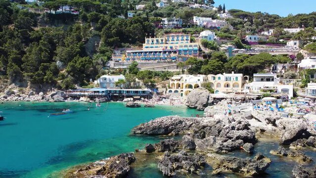 Capri Island Beach in summer season, drone viewpoint