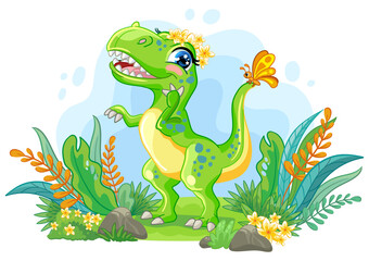 Illustration with cute tyrannosaurus dinosaur in nature vector