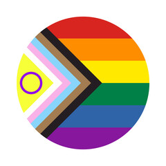 Circle Rainbow icon with new Progress Pride Flag. Symbol of LGBT community. Vector illustration. Flat vector button for apps and websites