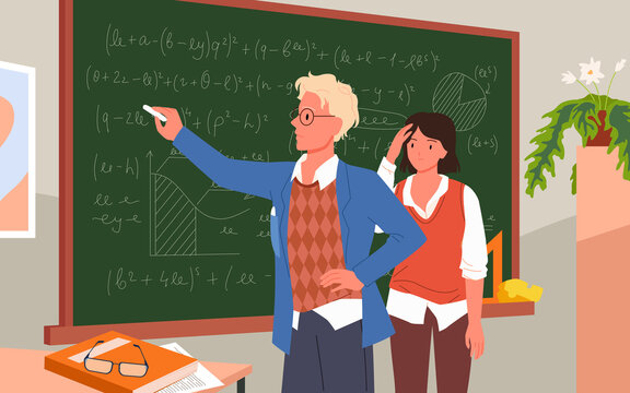 Teacher explaining math in class at school vector illustration. Cartoon man standing at blackboard and holding chalk to explain complex algebra to girl student on lesson, education background