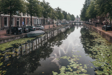 Canal in Leiden Netherlands urban summer landscape. - 508235610