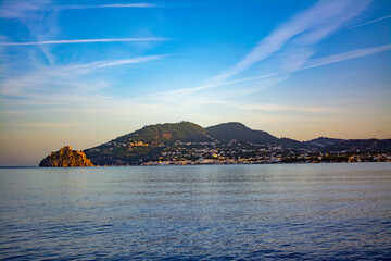 View on Ischia Island at Sunset from the sea