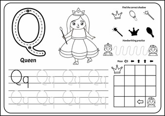 Handwriting practice outline sheet. Basic writing. Educational game for children. Worksheet for learning alphabet. Letter Q. Illustration of cute girl dressed as a queen.