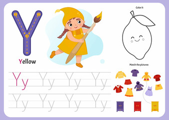 Handwriting practice sheet. Basic writing. Educational game for children. Worksheet for learning alphabet. Letter Y. Illustration of a cute girl in yellow clothes holds a brush in her hands.
