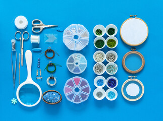 Accessories for embroidery brooch with beads, rhinestones and gimps. Tools and sets of beads in...