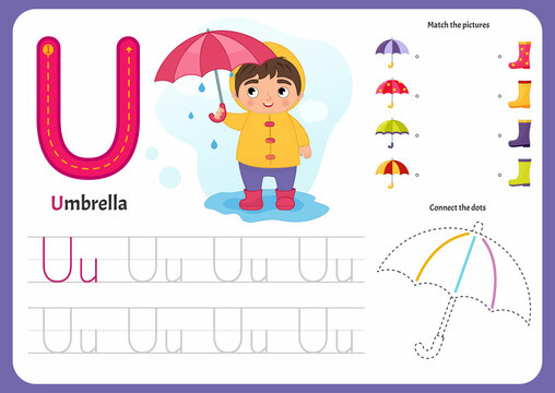Handwriting practice sheet. Basic writing. Educational game for children. Worksheet for learning alphabet. Letter U. Illustration of a cute boy stands under an umbrella in rubber boots.
