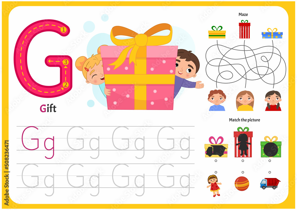 Sticker Handwriting practice sheet. Basic writing. Educational game for children. Worksheet for learning alphabet. Letter G. Illustration of cute boy and girl hiding behind a big gift
