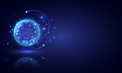 Global network connection World map abstract technology background global business innovation, network, internet and communication. Futuristic globalization interface. Globe and shadow. Screen for web