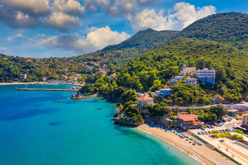 Aerial view of city of Poros, Kefalonia island in Greece. Poros city in middle of the day....