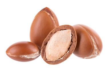 Argan seeds isolated on white background. Natural argan nuts from Morocco. Argania. Close up.