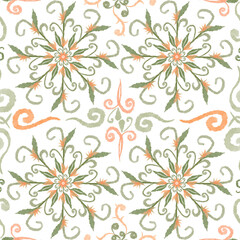 Fototapeta na wymiar Abstract Watercolor Seamless Illustration Mandala Kaleidoscope. Pattern with Natural Motif Leaves and Flowers. Ceramic tile. Design for ceramic tiles. Seamless geometric ornament.