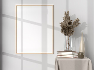 Blank picture frame for photographs, art, graphics with Leaves. Frame poster mockup template on the wall in home interior. 3D rendering