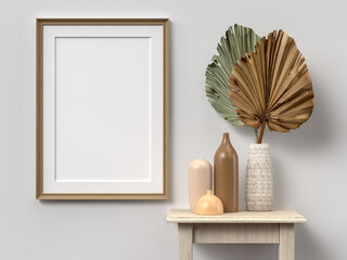 Blank picture frame for photographs, art, graphics with Leaves. Frame poster mockup template on the wall in home interior. 3D rendering