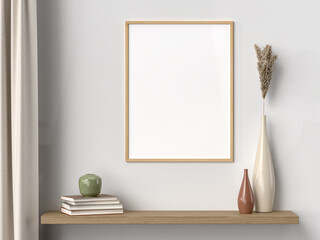 Blank picture frame for photographs, art, graphics with Leaves. Frame poster mockup template on the wall in home interior. 3D rendering