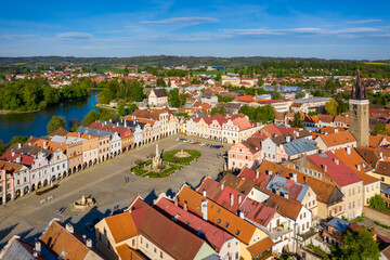 Aerial landscape of small Czech town of Telc with famous Main Square (UNESCO World Heritage Site)....