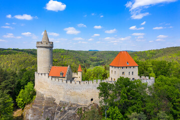 Aerial view of medieval castle Kokorin nearby Prague in Czechia. Central Europe. Medieval gothic...