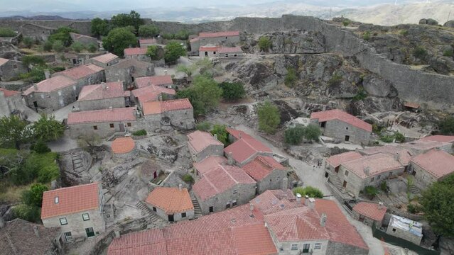 Aerial View Over Old Hilltop Walled Village Of Sortelha In Portugal. Circle Dolly