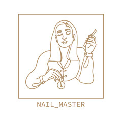 Nail master. Manicurist. Nail file and nail polish. Does a manicure. Beautiful nails. Salon emblem. Line art. Minimalistic style. Profession. Vector image on a white background.