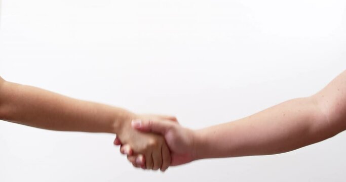 Close up business people shaking hands successful corporate partnership deal opportunity for cooperation isolated on a white studio background with copy space for place a text for advertisement.