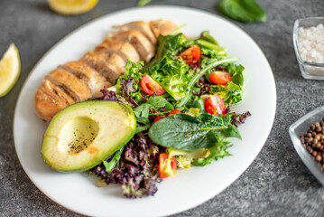 Grilled chicken meat and fresh vegetable salad of tomato, avocado, lettuce and spinach. Healthy and detox food concept. Ketogenic diet.
