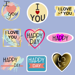 i love you and happy day stickers label pack in vector format