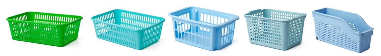Set of plastic shopping baskets on white background.