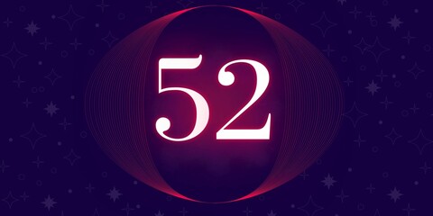 Number 52. Banner with the number fifty two on a blue background and blue and purple details with a circle purple in the middle
