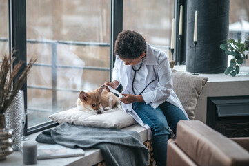A boy in a white coat holding stethoscope and examining an ill dog