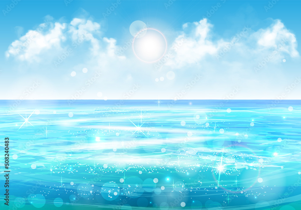 Wall mural vector summer ocean background with blue sky with sun, clouds and shiny way on water. blurred effect