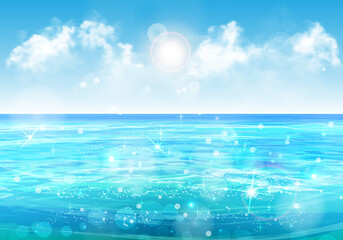 Vector summer ocean background with blue sky with clouds and sunshine. Blurred effect bokeh and sparkles. Sea horizon view in sun rays. For travel poster, party invitation, resort and hotel website © Sundry