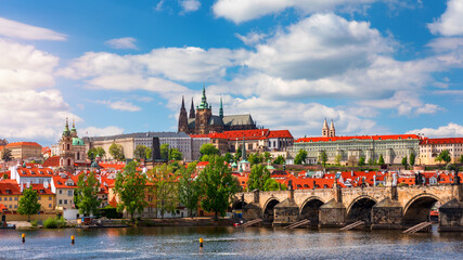 Scenic view of the Old Town pier architecture and Charles Bridge over Vltava river in Prague, Czech...