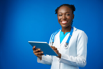 Portrait of an African American female doctor holding a tablet for work in studio