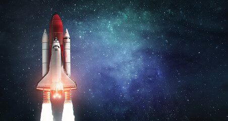 Space shuttle rocket in bright space. Sci-fi wallpaper, Spaceship with astronauts. Elements of  this image furnished by NASA