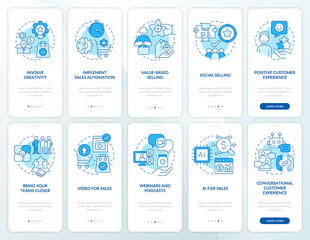 Fototapeta na wymiar Selling trends blue onboarding mobile app screen set. Business walkthrough 5 steps editable graphic instructions with linear concepts. UI, UX, GUI template. Myriad Pro-Bold, Regular fonts used