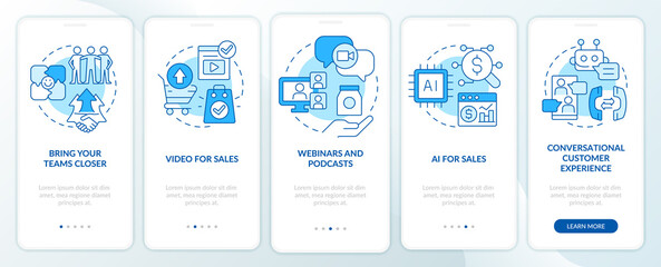 Sales trends blue onboarding mobile app screen. Marketing development walkthrough 5 steps editable graphic instructions with linear concepts. UI, UX, GUI template. Myriad Pro-Bold, Regular fonts used
