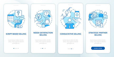 Fototapeta na wymiar Selling strategies blue onboarding mobile app screen. Marketing walkthrough 4 steps editable graphic instructions with linear concepts. UI, UX, GUI template. Myriad Pro-Bold, Regular fonts used