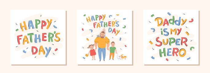 Set of Father's Day greeting holiday cards. Happy father with kids, cat, dog. Vector illustration