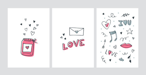 Set of cards for Valentine's Day. Love symbols in doodle style