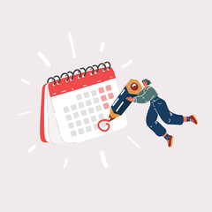 Vector illustration of flying woman Circle Date on Huge Calendar Planning Important Matter. Time Management, Work Organization and Life Events Notification, Memo Reminder, Work Plan.