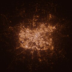 Minsk (Belarus) street lights map. Satellite view on modern city at night. Imitation of aerial view on roads network from space. 3d render with glow effect