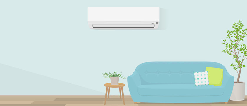 Vector illustration of ductless mini-split air conditioner in living room with copy space.