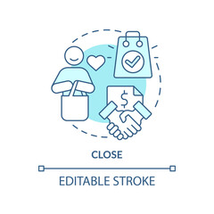 Close turquoise concept icon. Sales process abstract idea thin line illustration. Final purchase agreement. Negotiation. Isolated outline drawing. Editable stroke. Arial, Myriad Pro-Bold fonts used