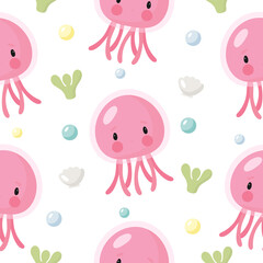 Seamless Pattern with Jellyfish. Vector illustration. For greeting card, posters, banners, the card, printing on the pack, printing on clothes, fabric, wallpaper.
