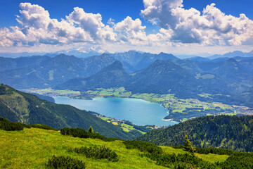 View of Wolfgangsee lake from Schafberg mountain, Austria. Wolfgangsee Lake from alp mountain...