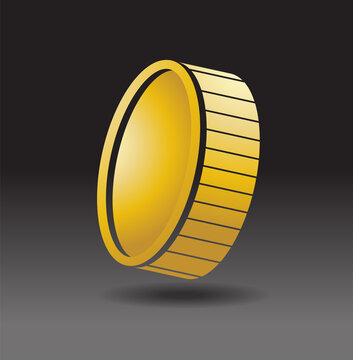 Vector illustration of one light gold coin falling on dark black background shading on the floor