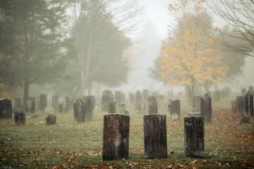 Three gravestones standing in a foggy graveyard during the fall - 508243270